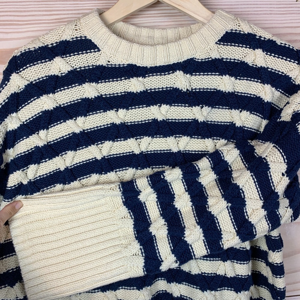 Madewell Cable-Knit Oversized Sweater Small Navy Stripe Preppy Nautical Chunky - Picture 5 of 14